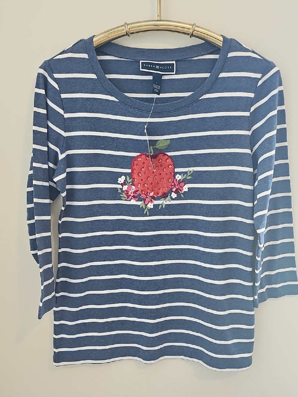 Karen Scott Blue & White Striped Tee with‎ Red Strawberry Motif. Small. NWT